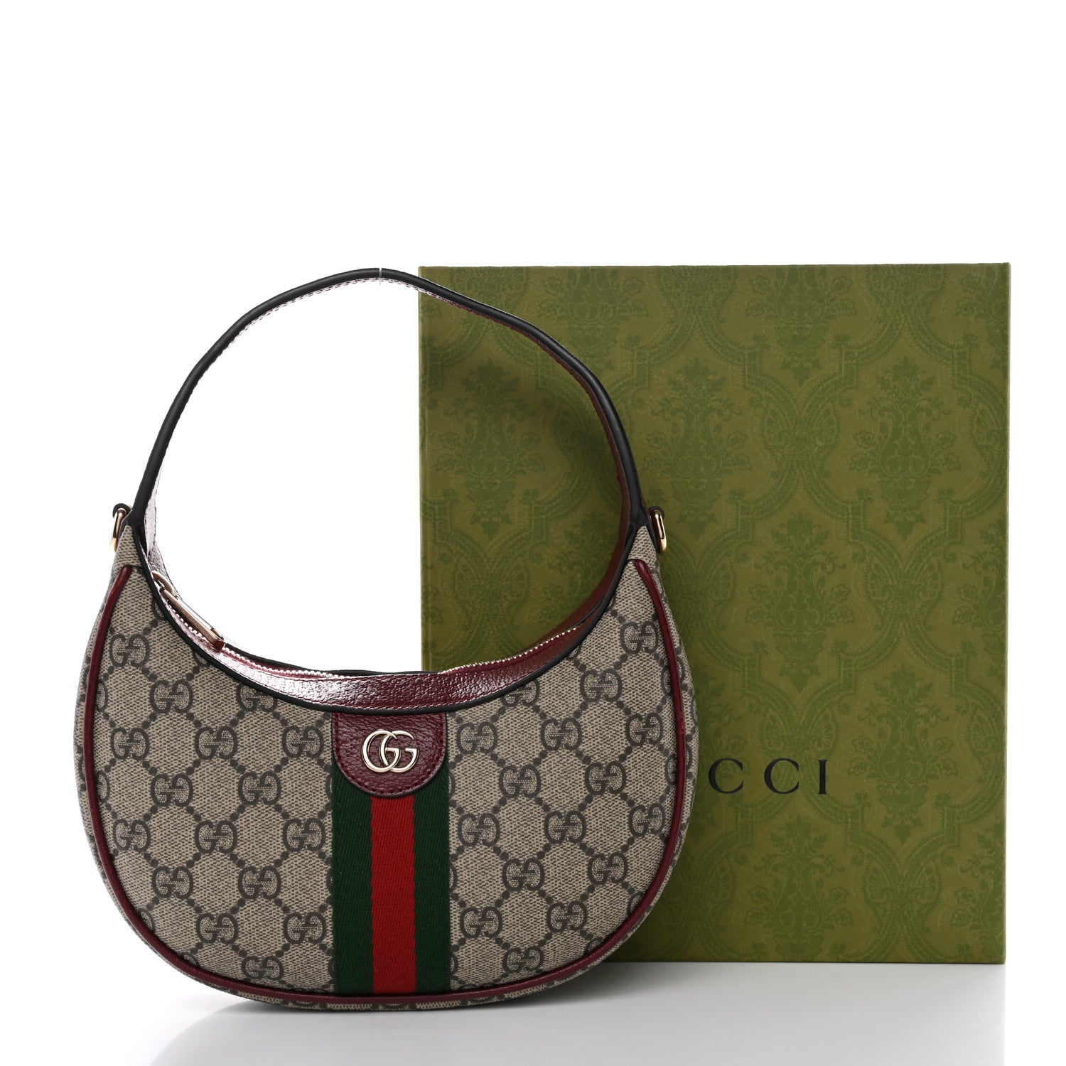 Gucci GG Supreme Monogram Textured Dollar Calfskin Small Ophidia Shoulder Bag Beige Bordeaux