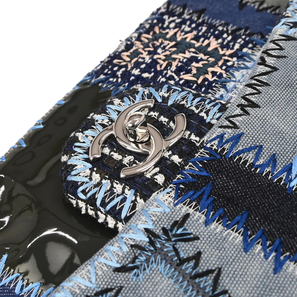 Chanel 2014-2015 Blue Tweed Jumbo Single Flap Patchwork Shoulder Bag