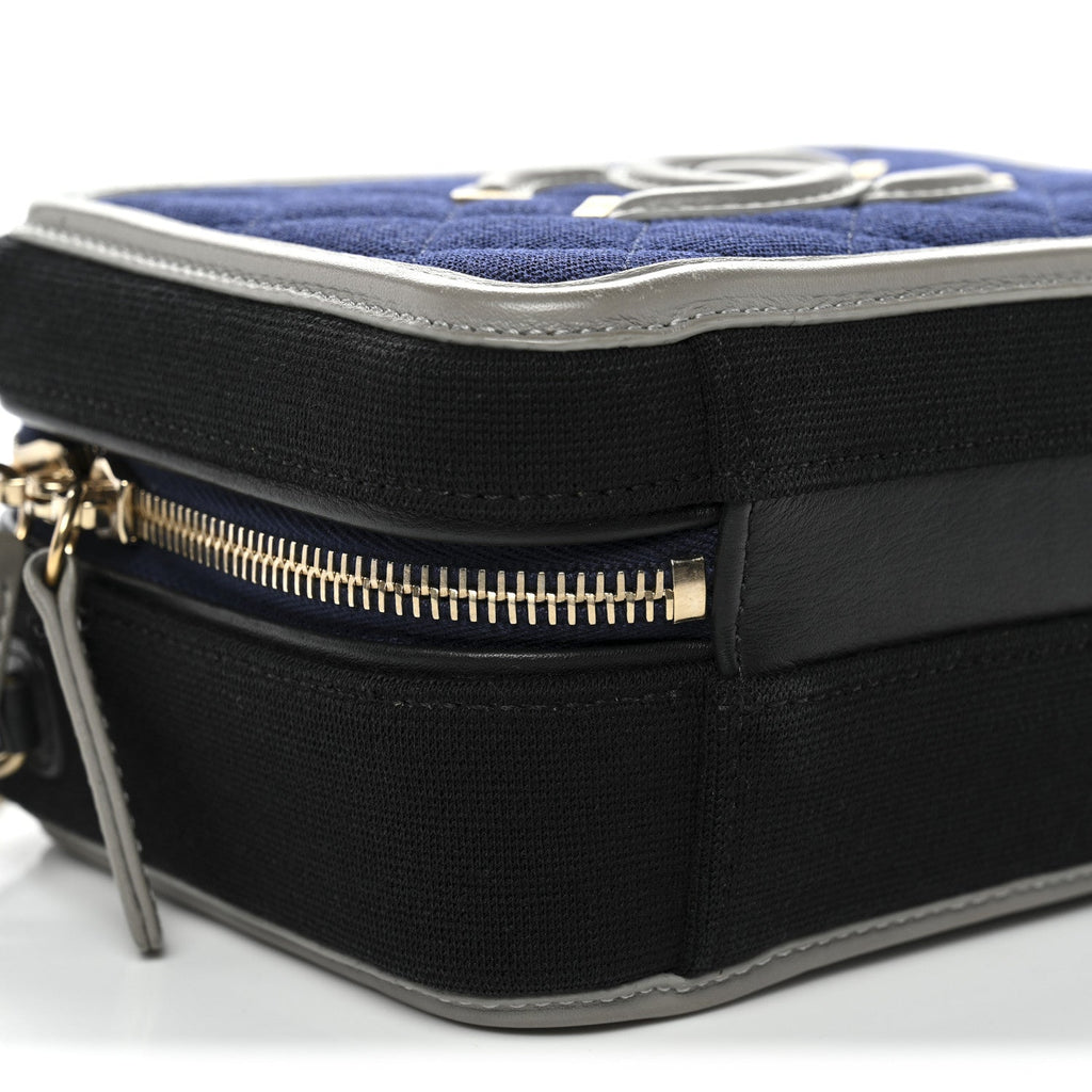 Chanel Jersey Quilted Small CC Filigree Vanity Case Blue Black Grey