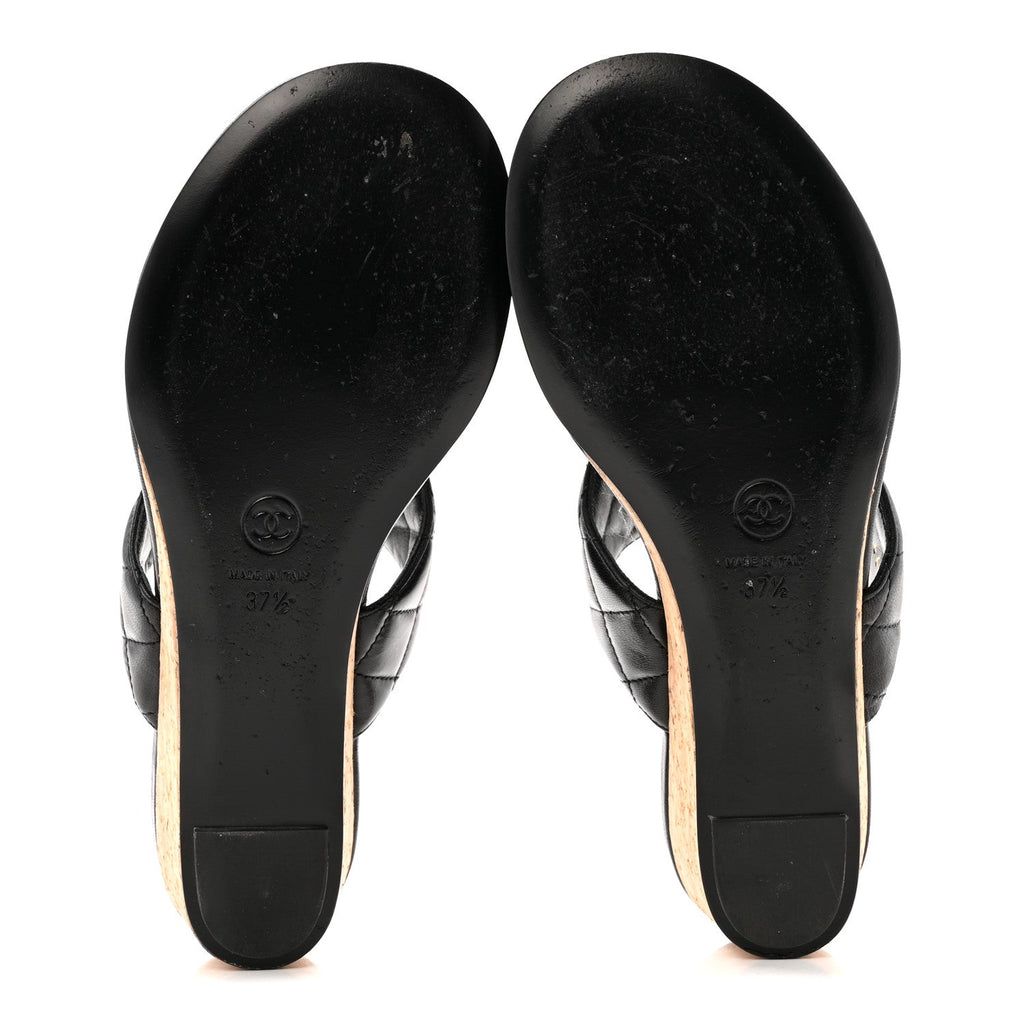 Chanel Shiny Goatskin Cork CC Wedge Sandals 37.5 Black