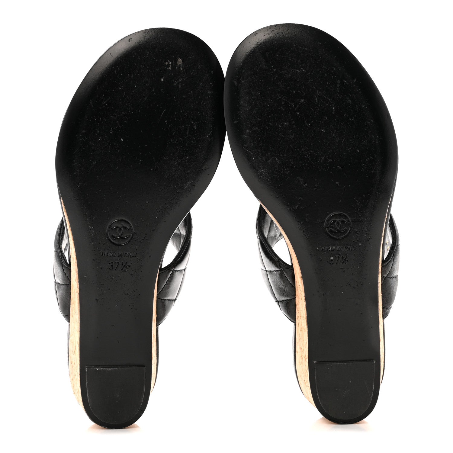 Chanel Shiny Goatskin Cork CC Wedge Sandals 37.5 Black