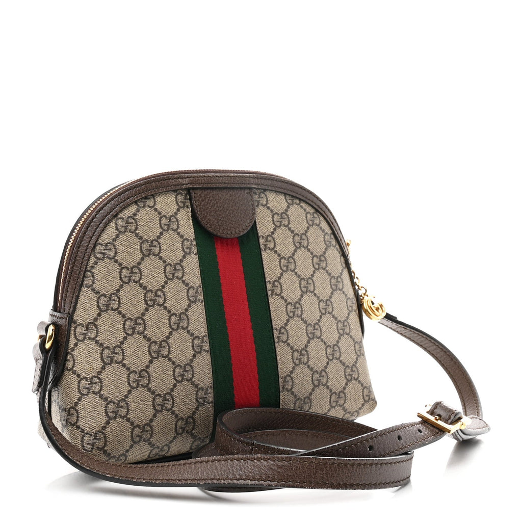 Gucci GG Supreme Monogram Textured Dollar Calfskin Web Small Ophidia Dome Shoulder Bag Beige Ebony New Acero