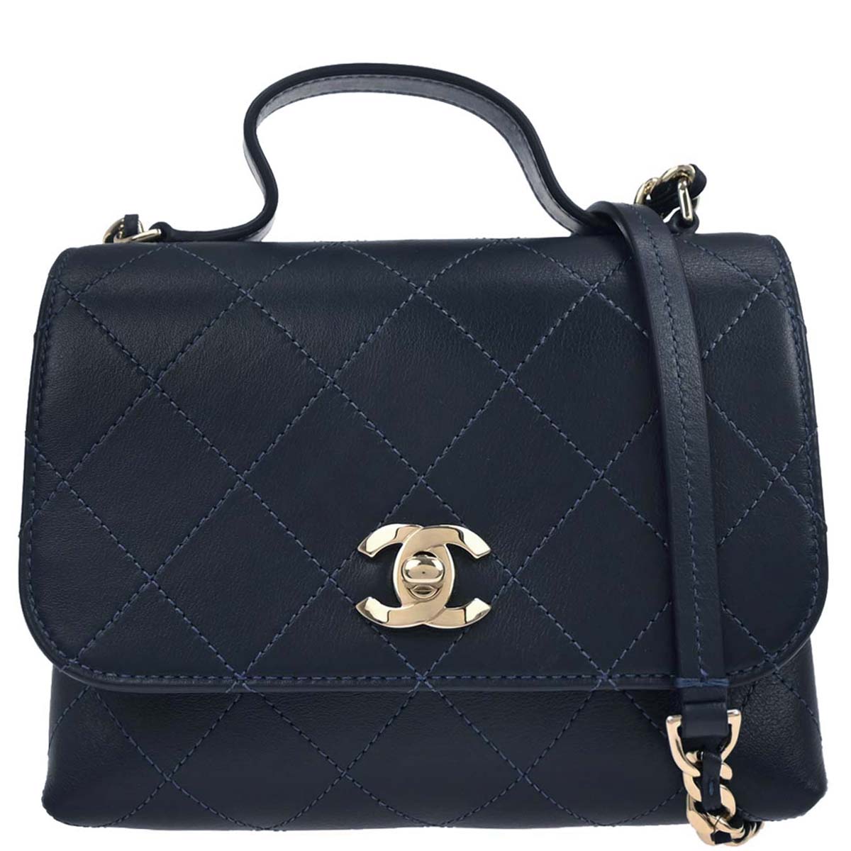 Chanel 2019 Navy Calfskin Top Handle 2way Shoulder Handbag