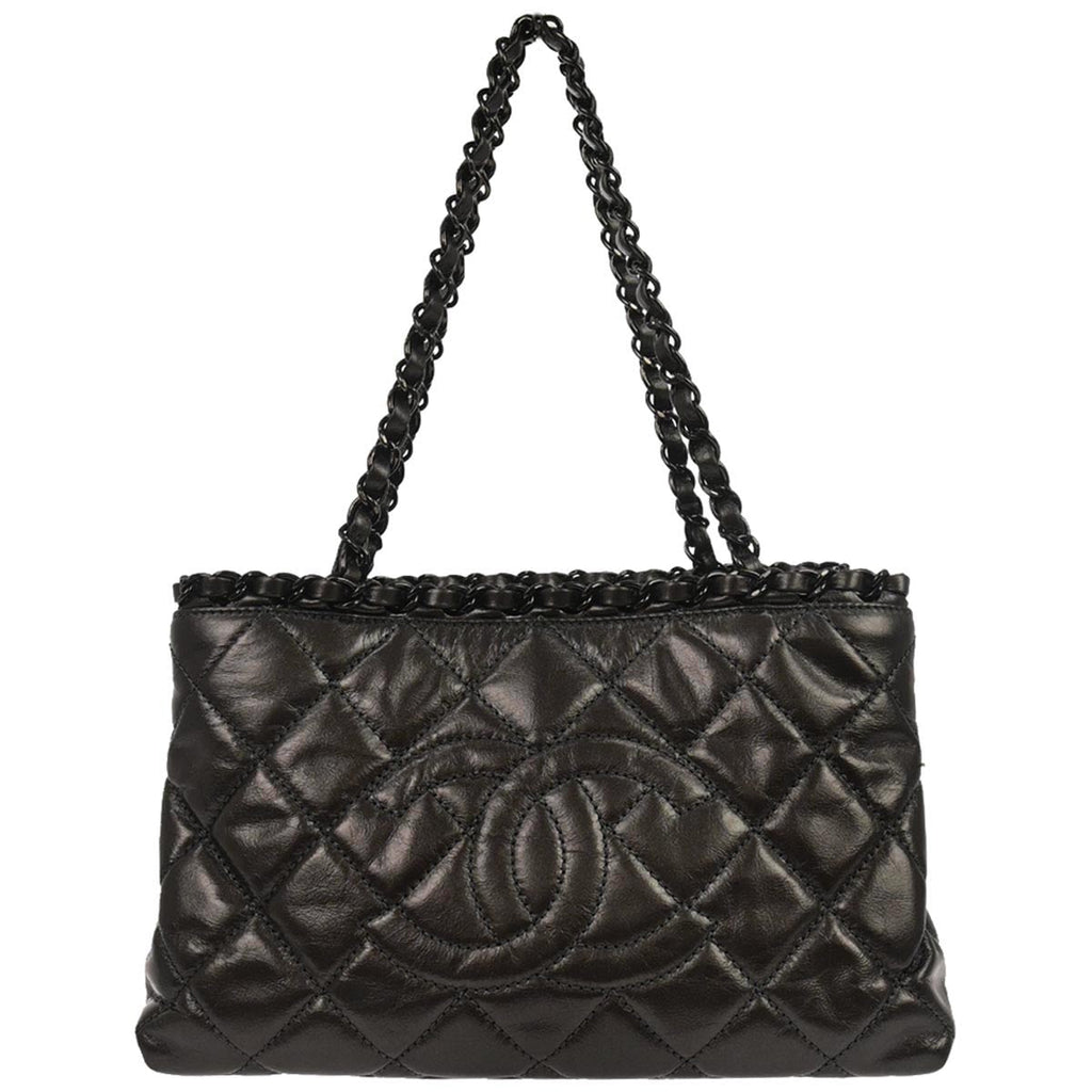 Chanel 2012 Metallic Gray Calfskin Chain Me Tote Handbag
