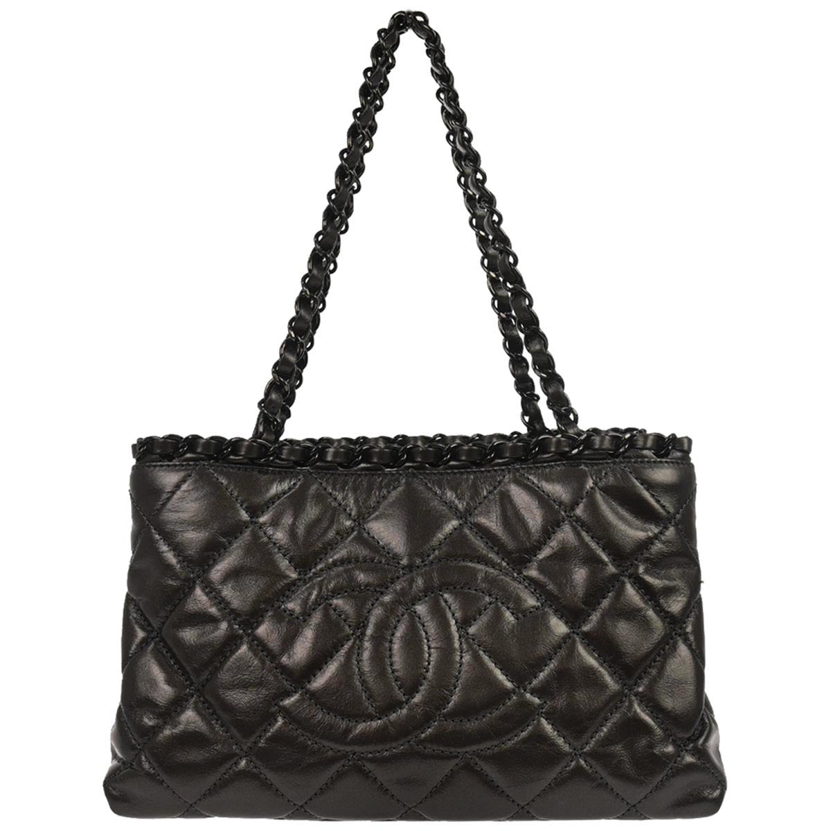 Chanel 2012 Metallic Gray Calfskin Chain Me Tote Handbag