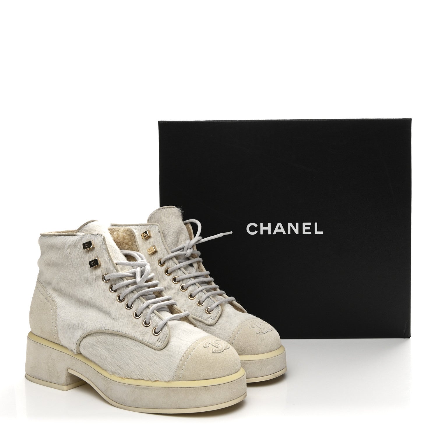 Chanel Suede Pony Hair Shearling Lace Up Combat Boots 37.5 White Black