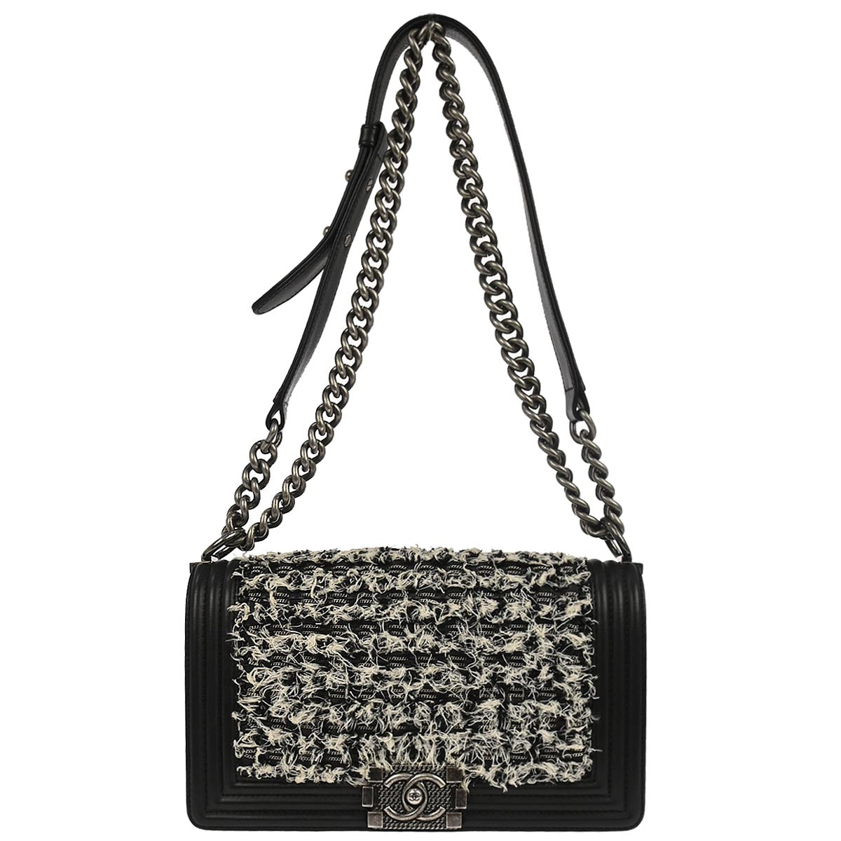 Boy Chanel 2017 Black Tweed Lambskin Medium Double Chain Shoulder Bag