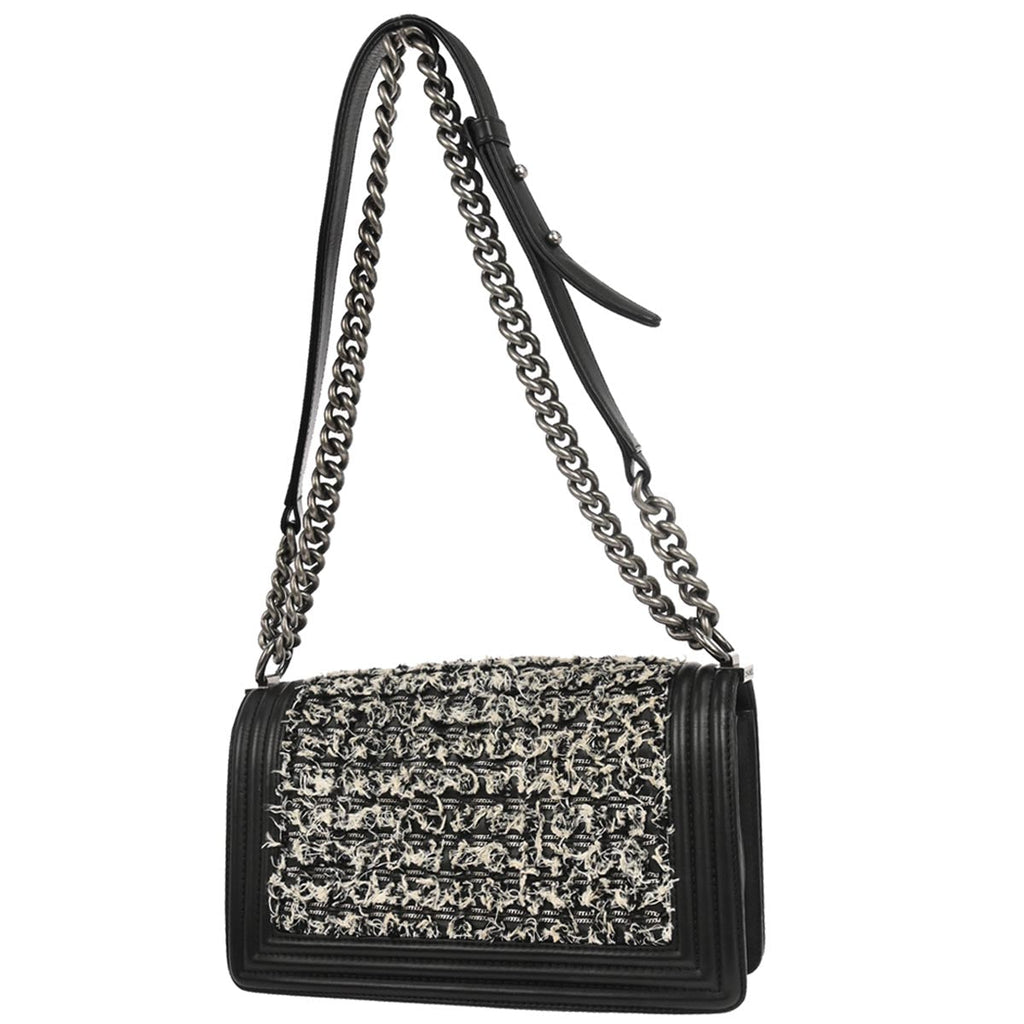 Boy Chanel 2017 Black Tweed Lambskin Medium Double Chain Shoulder Bag