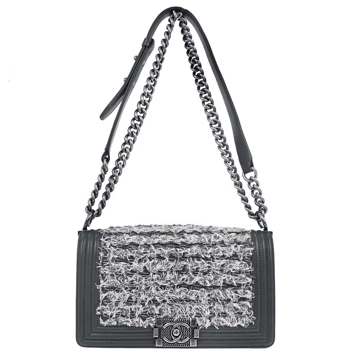 Boy Chanel 2017 Gray Tweed Lambskin Medium Double Chain Shoulder Bag