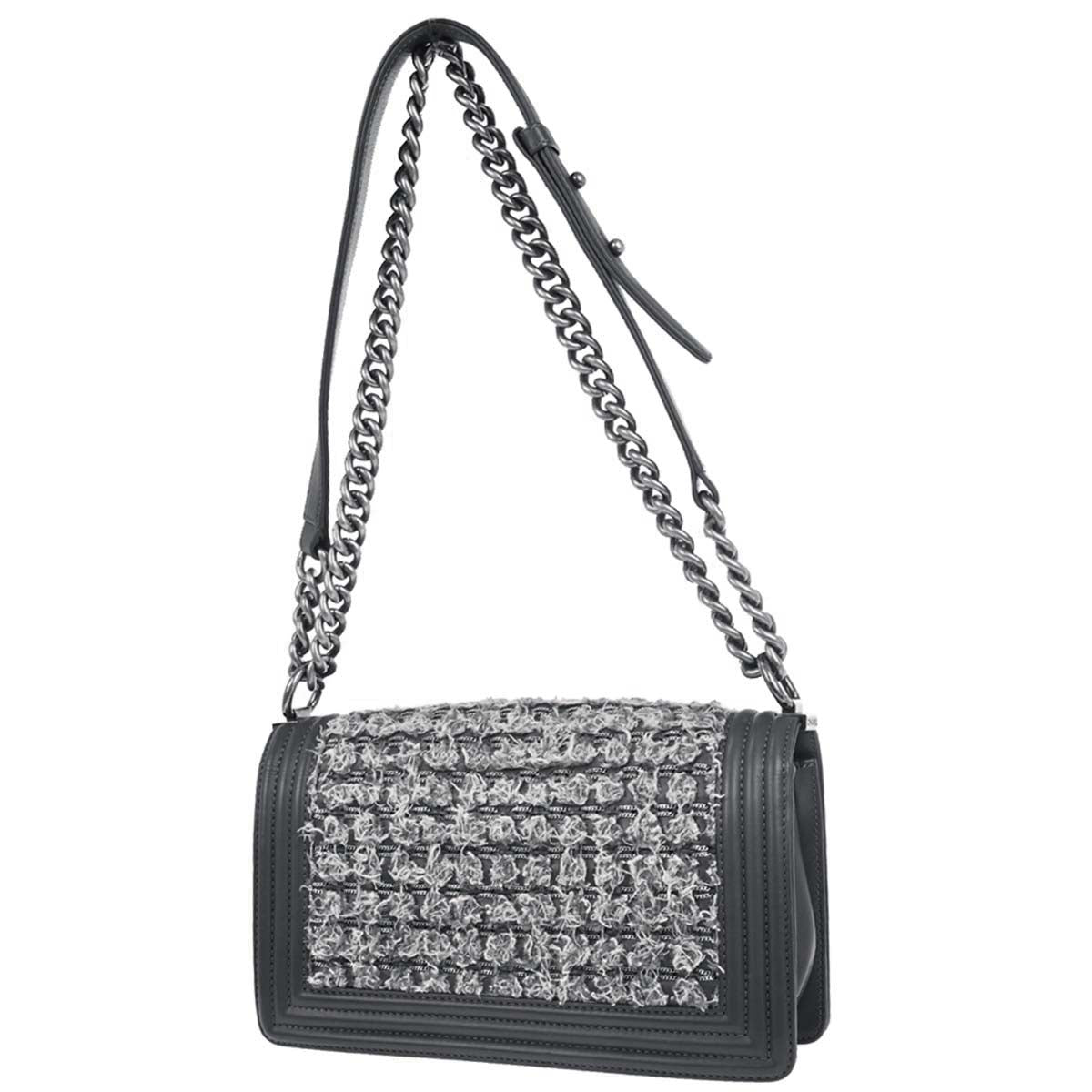 Boy Chanel 2017 Gray Tweed Lambskin Medium Double Chain Shoulder Bag