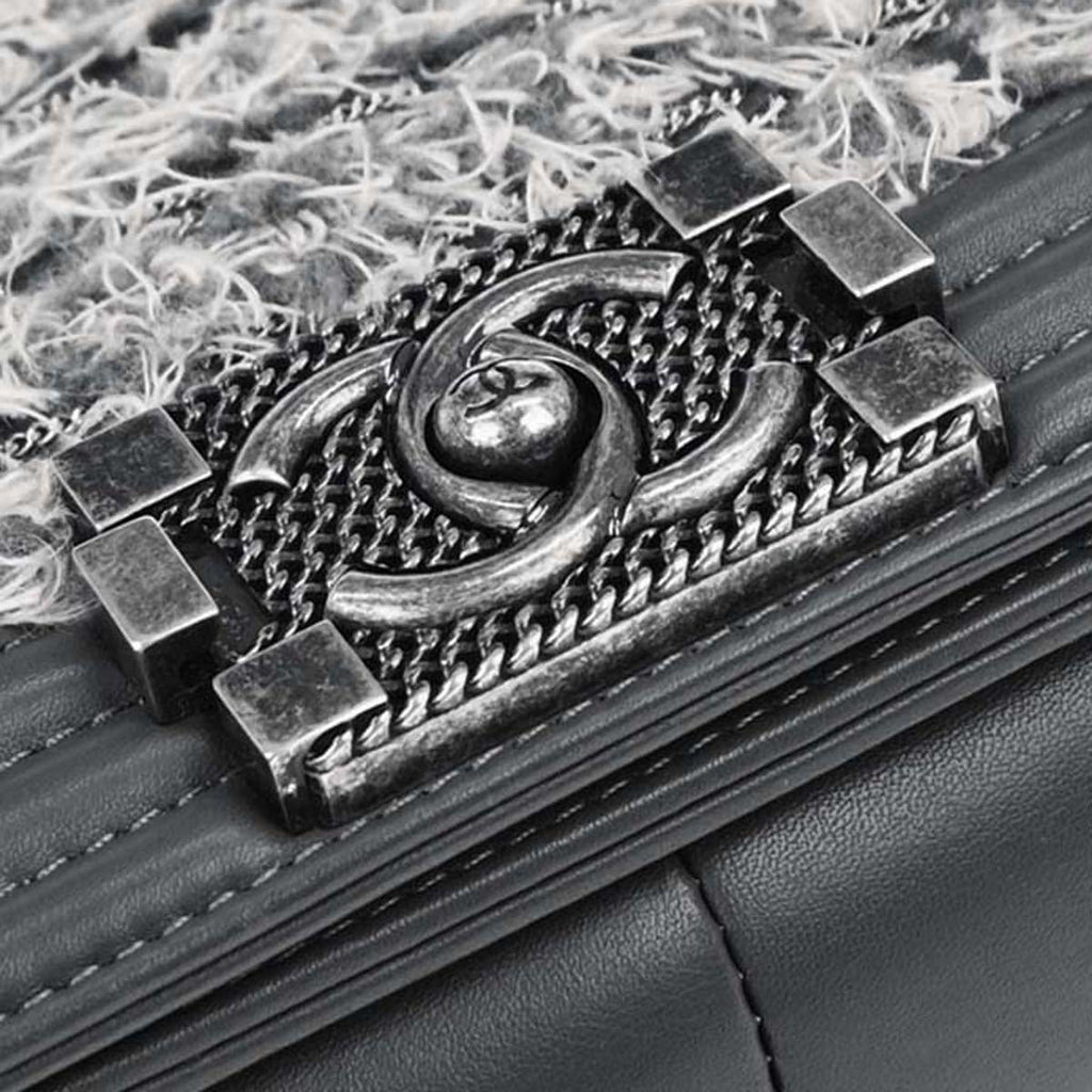 Boy Chanel 2017 Gray Tweed Lambskin Medium Double Chain Shoulder Bag