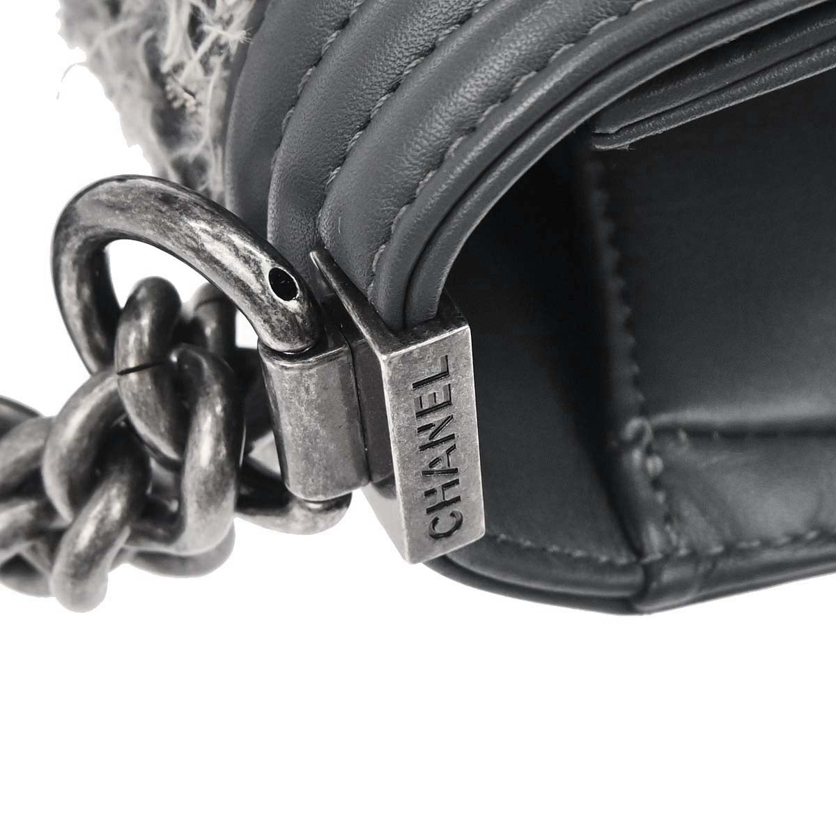 Boy Chanel 2017 Gray Tweed Lambskin Medium Double Chain Shoulder Bag