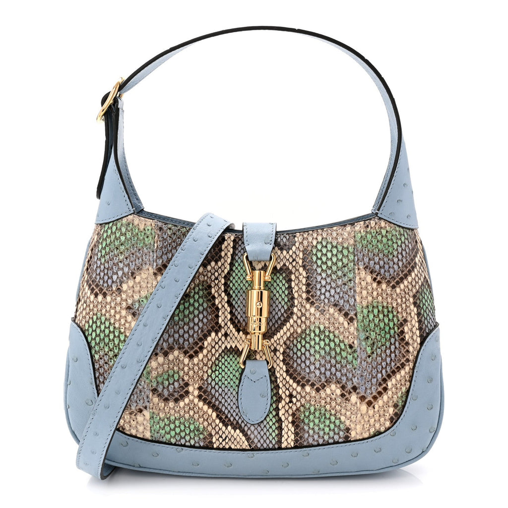 Gucci Snakeskin Ostrich Calfskin Small Jackie 1961 Hobo Blue Multicolor