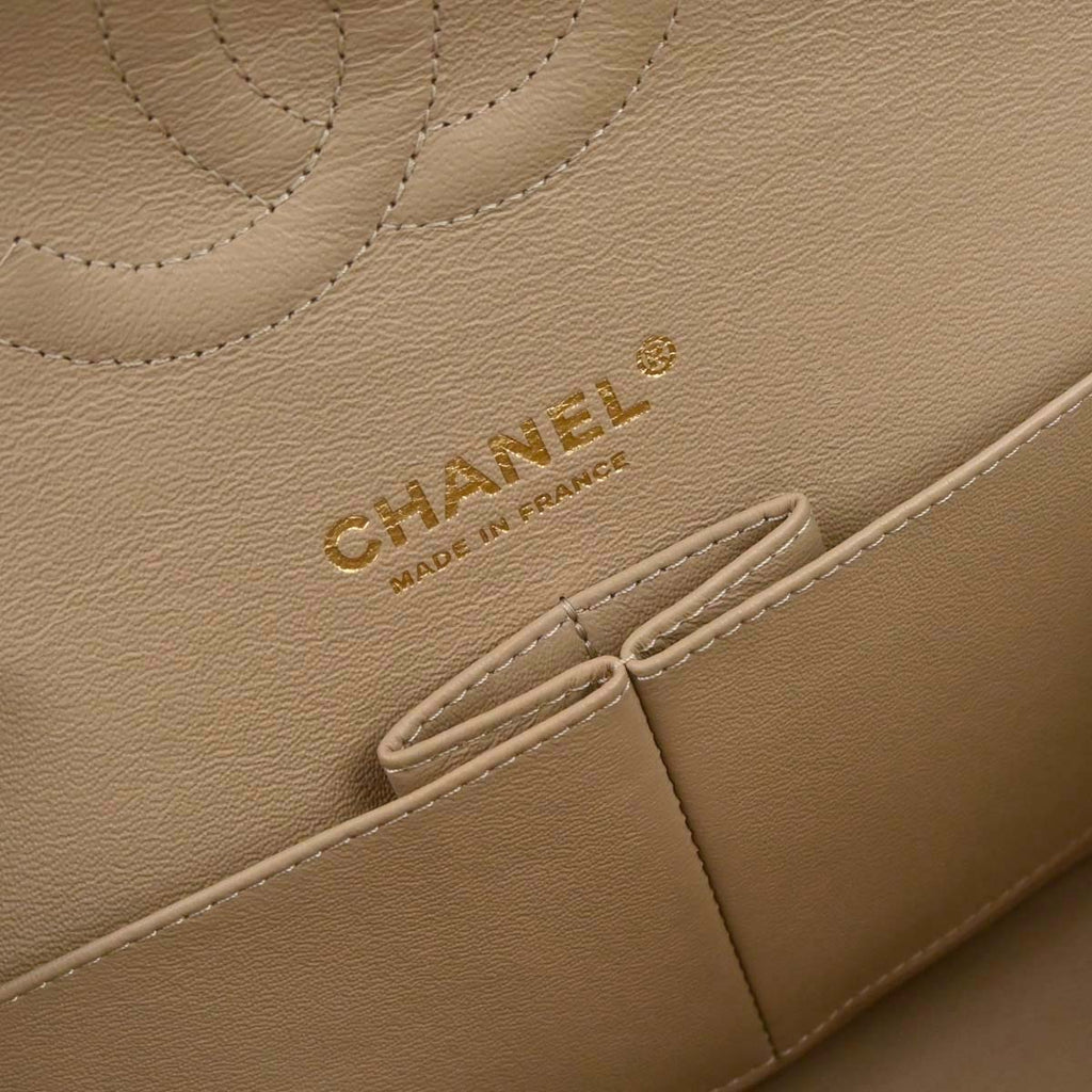 Chanel 2014 Beige Canvas Medium Classic Double Flap Shoulder Bag