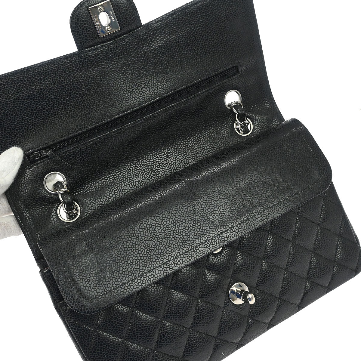 Chanel 2011 Black Caviar Skin Medium Classic Double Flap Shoulder Bag