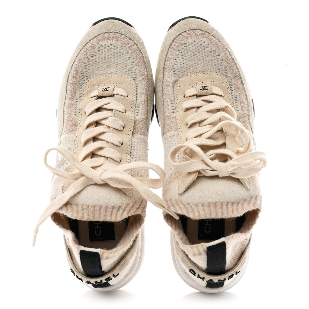 Knit Fabric Suede Calfskin Womens CC Sneakers 38.5 Ivory