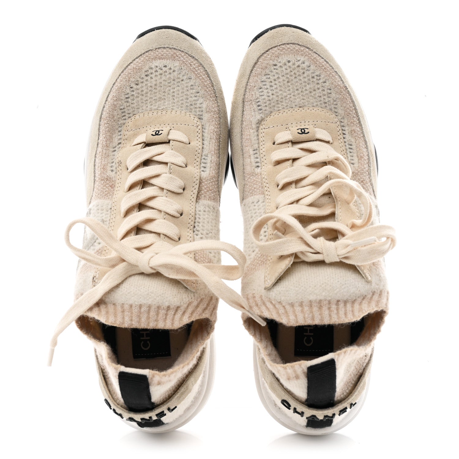 Knit Fabric Suede Calfskin Womens CC Sneakers 38.5 Ivory