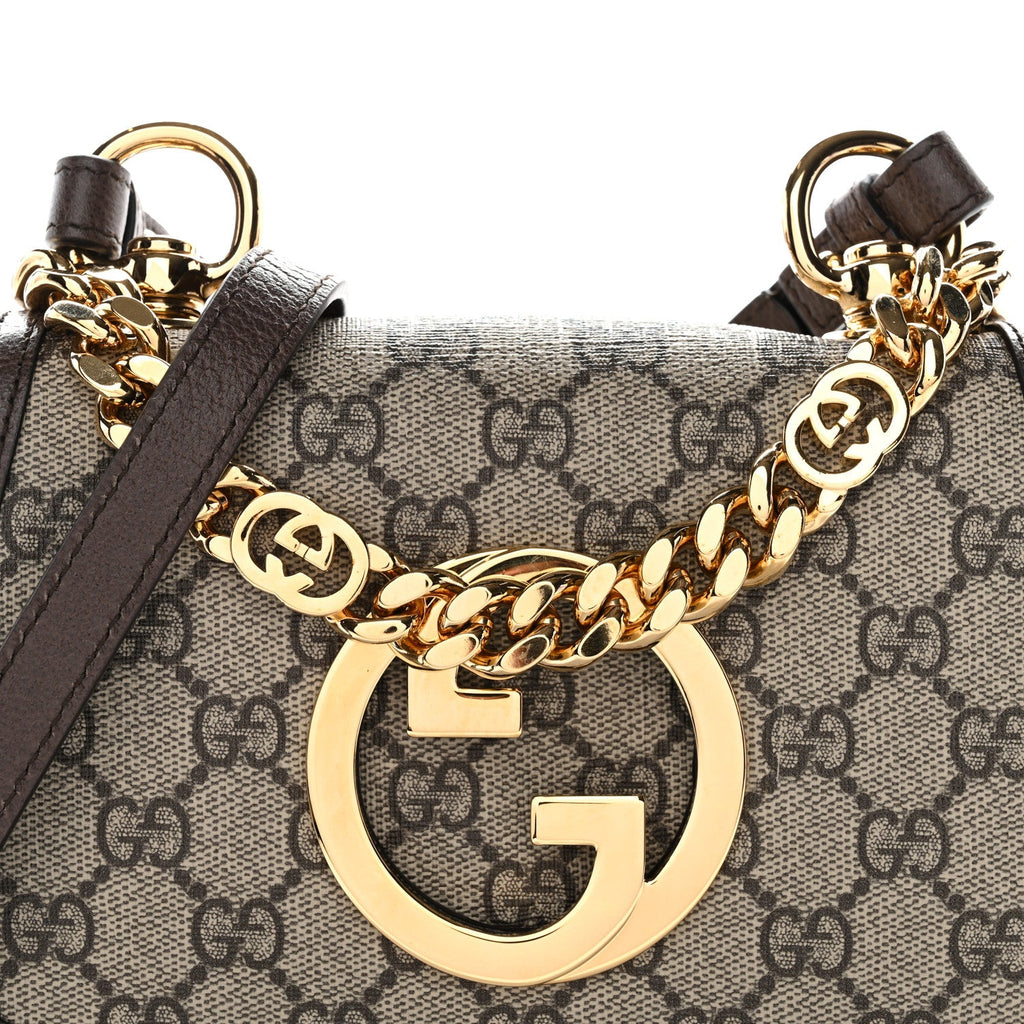 Gucci GG Supreme Monogram Textured Dollar Calfskin Mini Blondie Chain Shoulder Flap Bag Beige Ebony New Acero