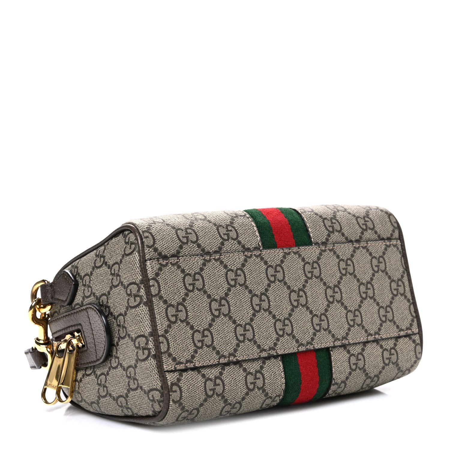 Gucci GG Supreme Monogram Textured Dollar Calfskin Web Mini Ophidia Top Handle Bag Beige Ebony New Acero