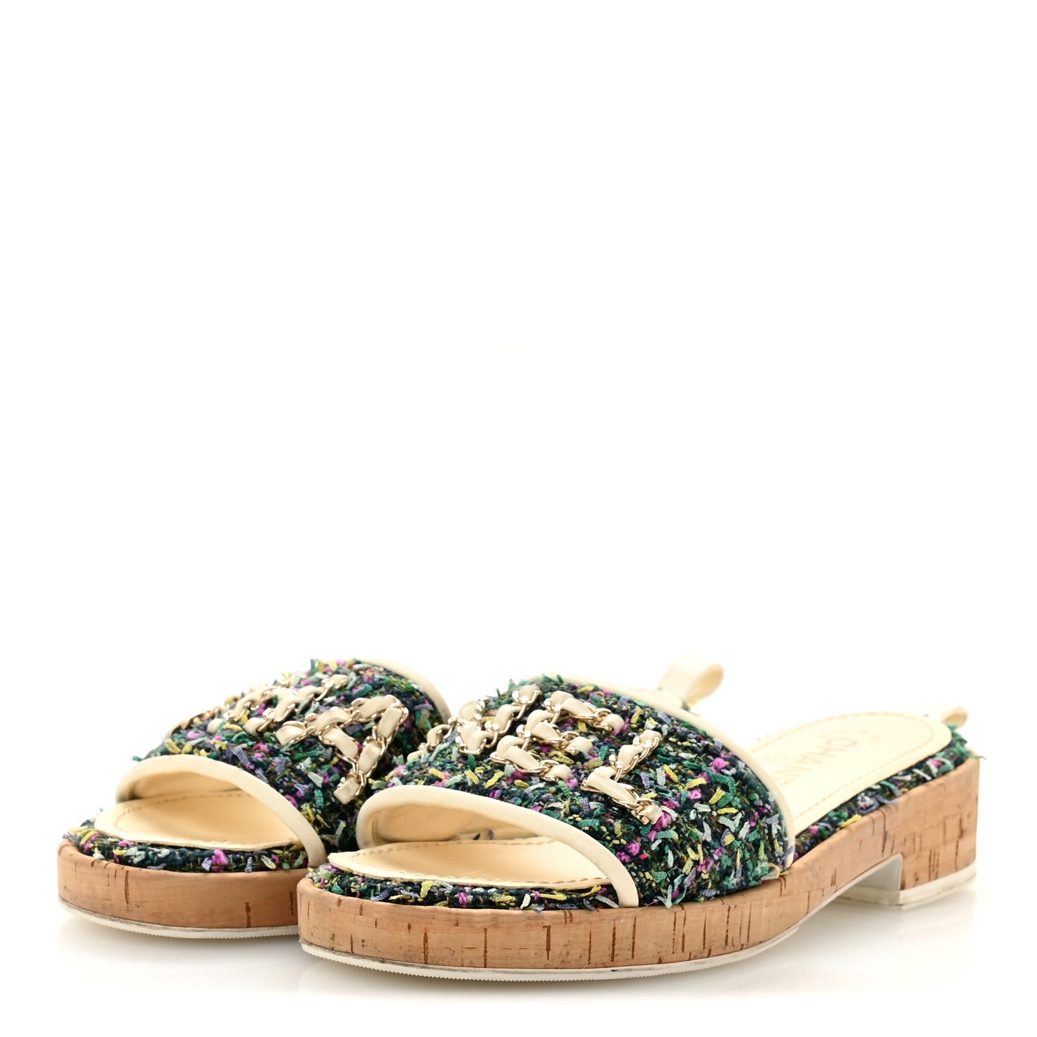 Chanel Tweed Cork CC Chain Mule Sandal 36.5 Green Multicolor