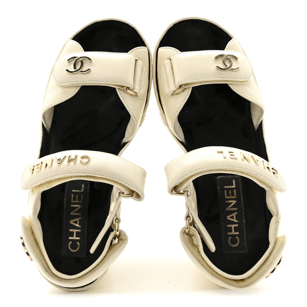 Chanel Shiny Calfskin Quilted Wedge Sandals 36 Ivory