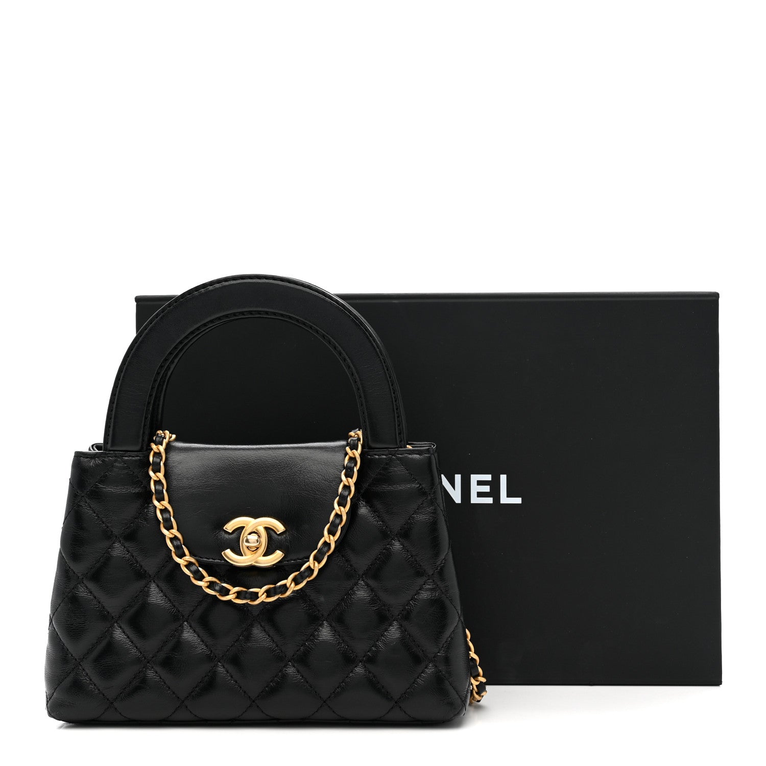 Chanel Shiny Aged Calfskin Quilted Nano Kelly Shopper Black