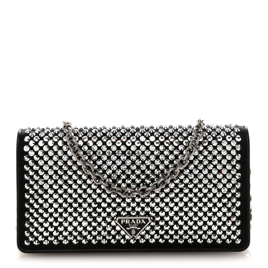 Prada Satin Crystal Metal Triangle Logo Mini Crossbody Bag Cristal