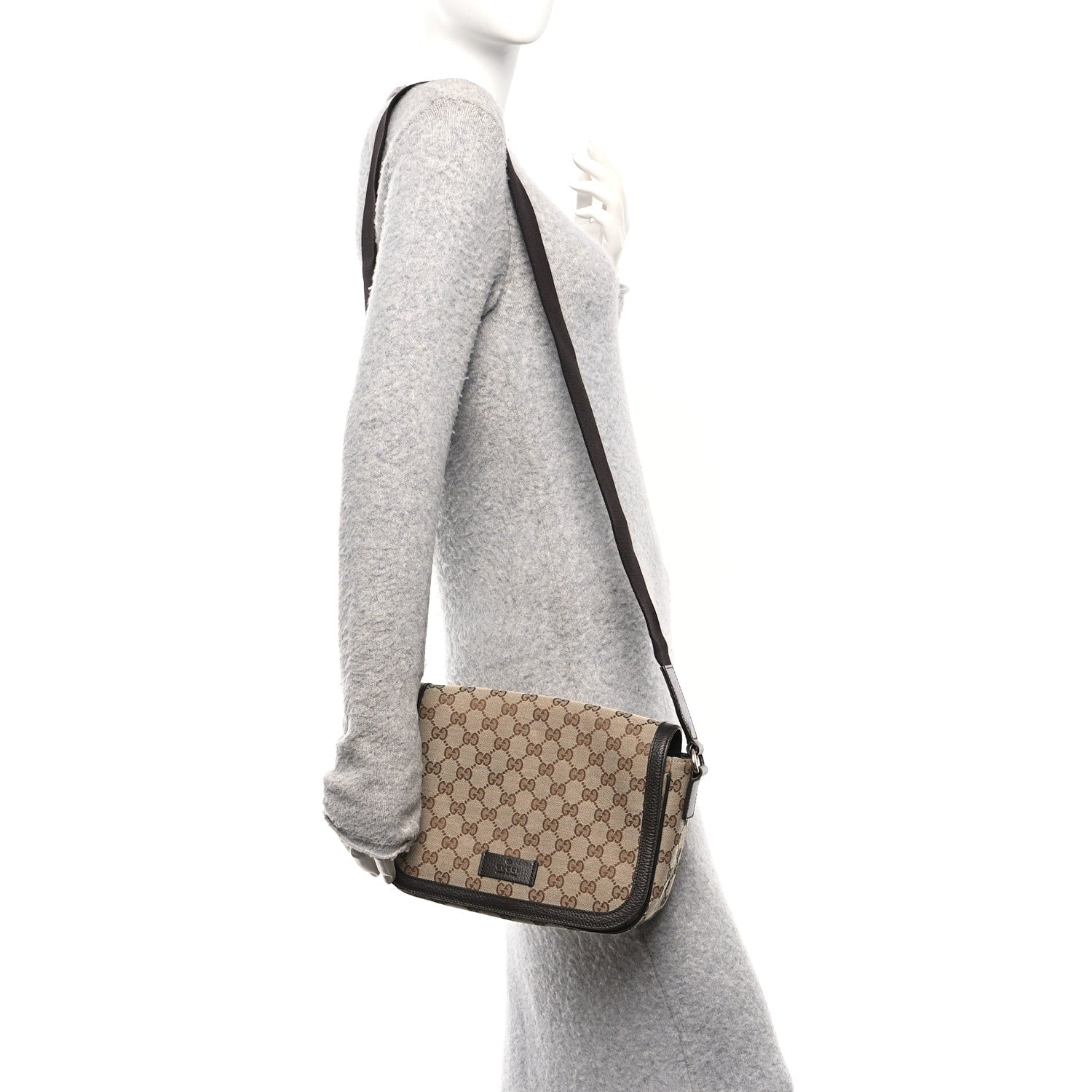 Gucci Monogram Flap Messenger Bag Beige Dark Brown
