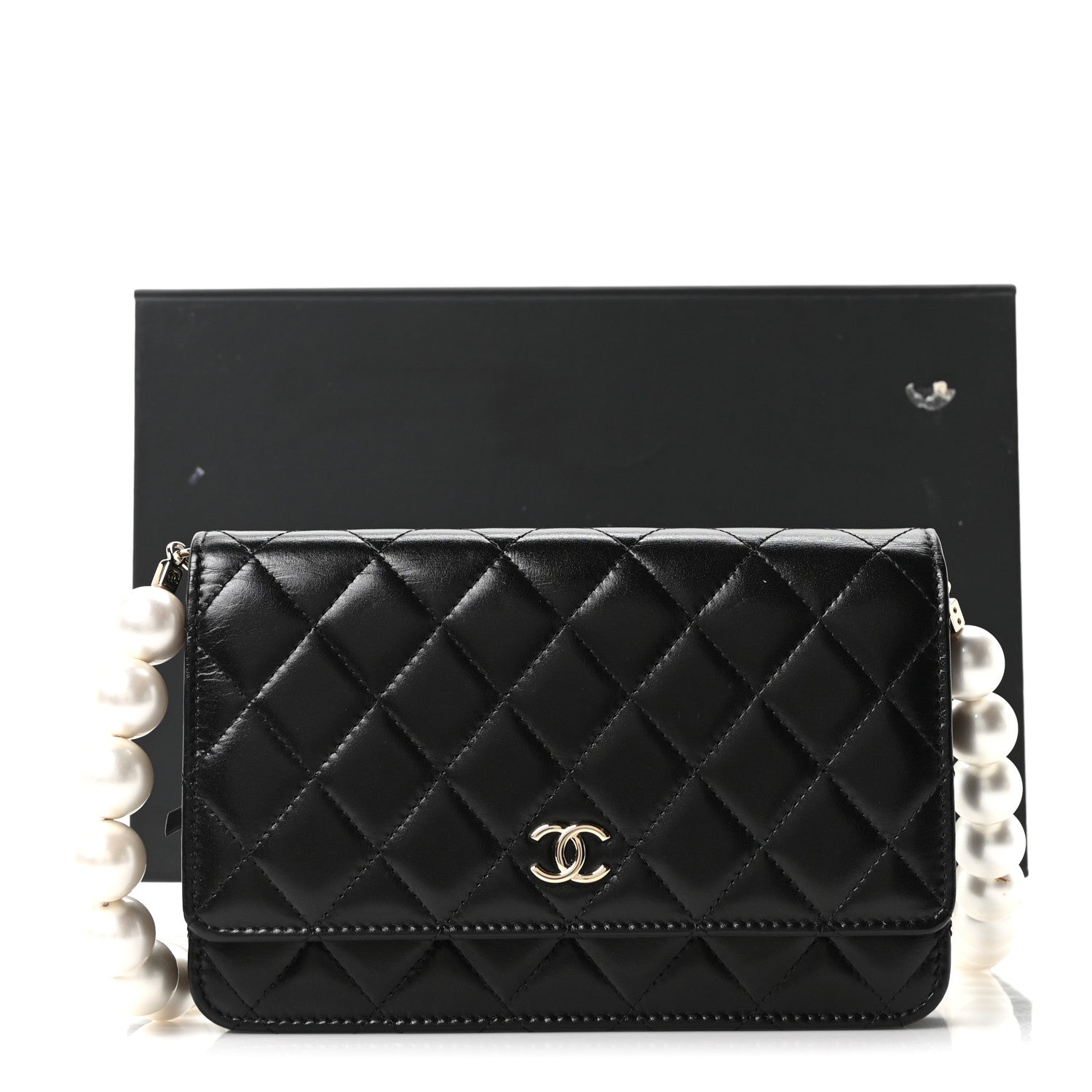 Chanel Calfskin Quilted Maxi Pearl Wallet On Chain WOC Black