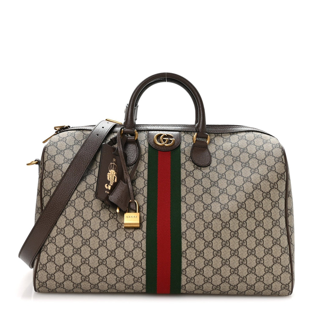 Gucci GG Supreme Monogram Textured Dollar Calfskin Web Medium Savoy Duffle Bag Beige Dark Brown