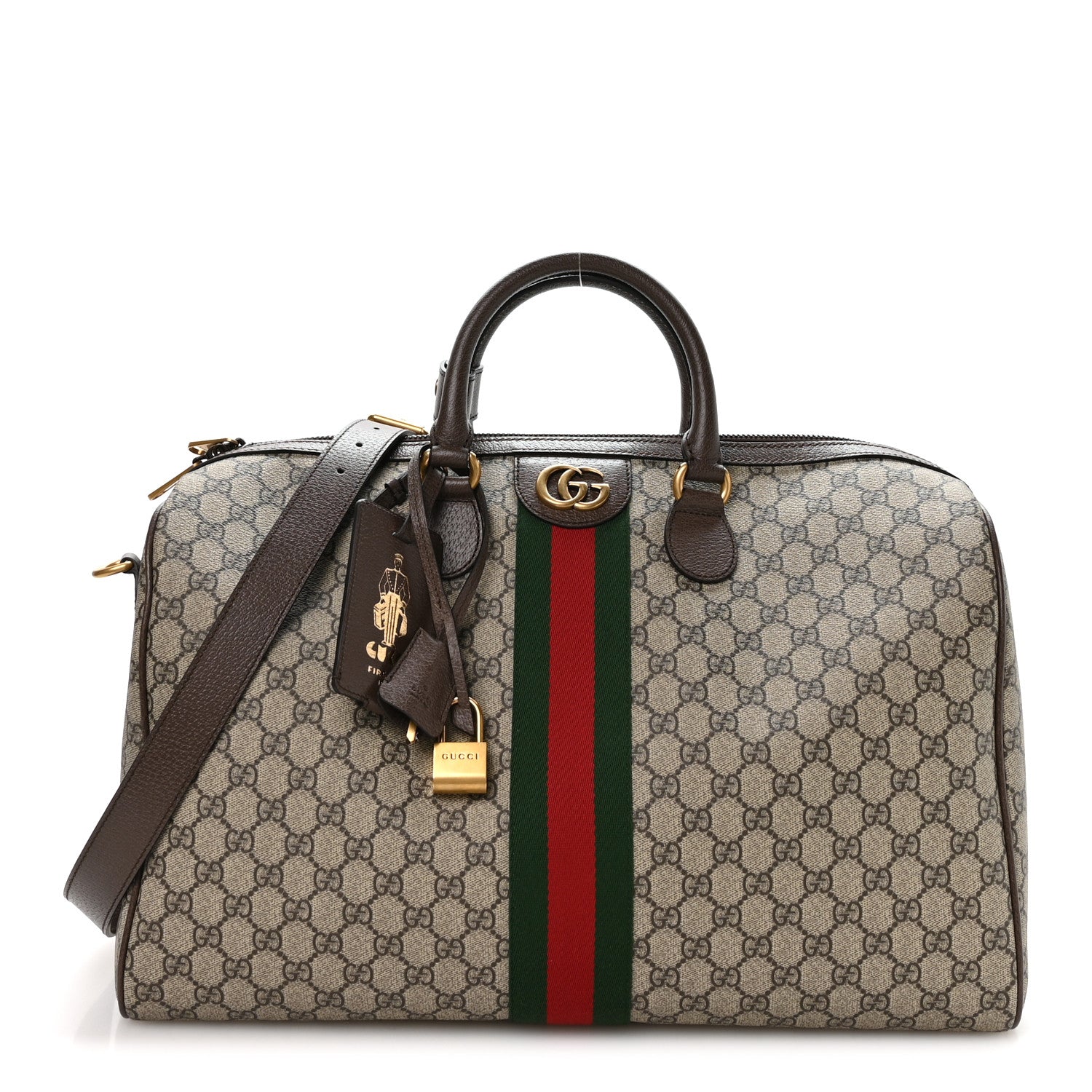 Gucci GG Supreme Monogram Textured Dollar Calfskin Web Medium Savoy Duffle Bag Beige Dark Brown