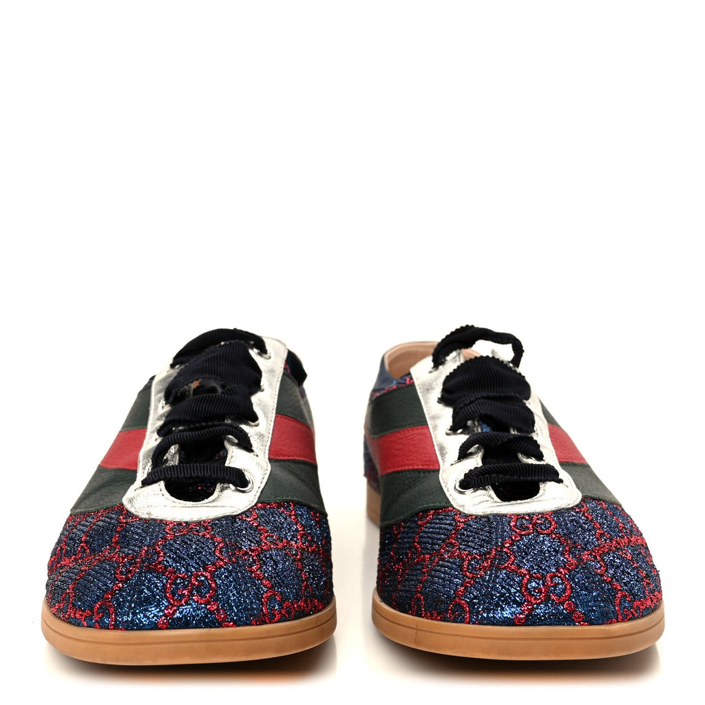 Gucci Lurex Calfskin Web GG Monogram Mens Falacer Sneakers 9 Iridescent Blue Iridescent Red Silver