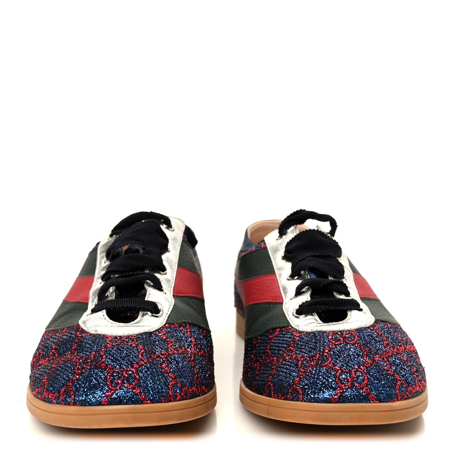 Gucci Lurex Calfskin Web GG Monogram Mens Falacer Sneakers 9 Iridescent Blue Iridescent Red Silver