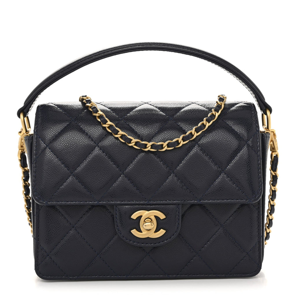 Chanel Shiny Caviar Quilted Mini Top Handle Flap Navy Blue