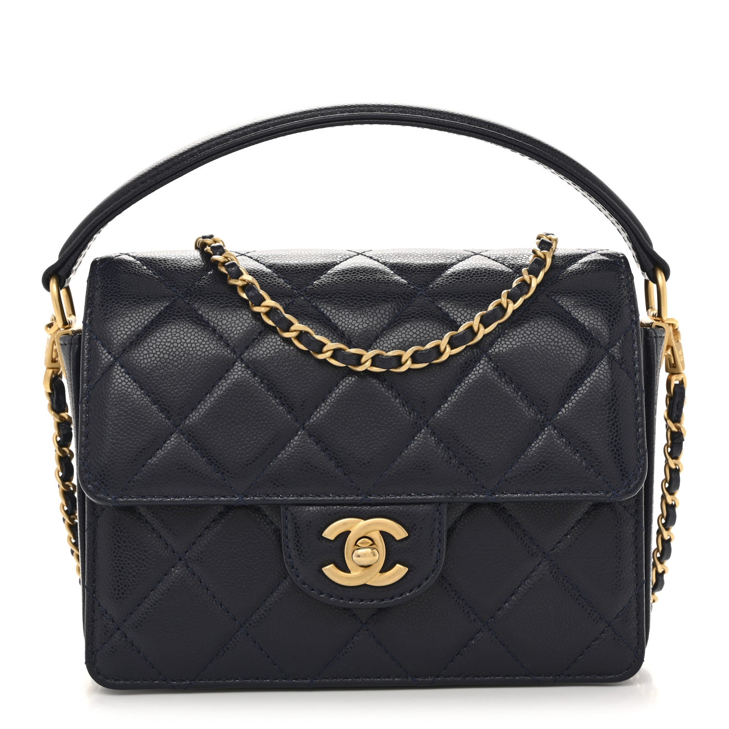 Chanel Shiny Caviar Quilted Mini Top Handle Flap Navy Blue
