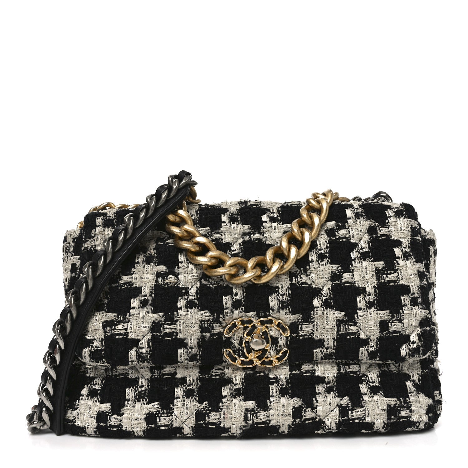 Chanel Tweed Quilted Large Chanel 19 Flap Black Ecru White