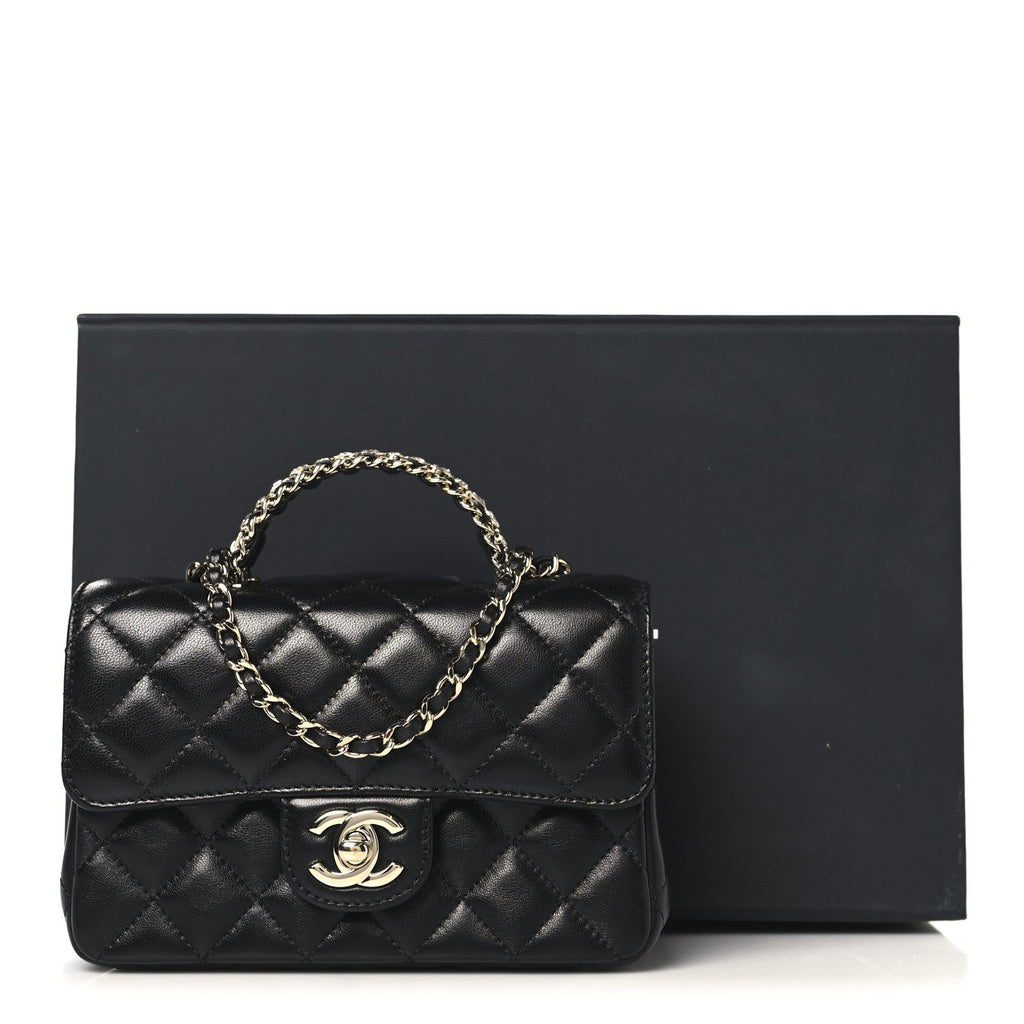 Chanel Lambskin Quilted Mini Crystal Top Handle Rectangular Flap Black