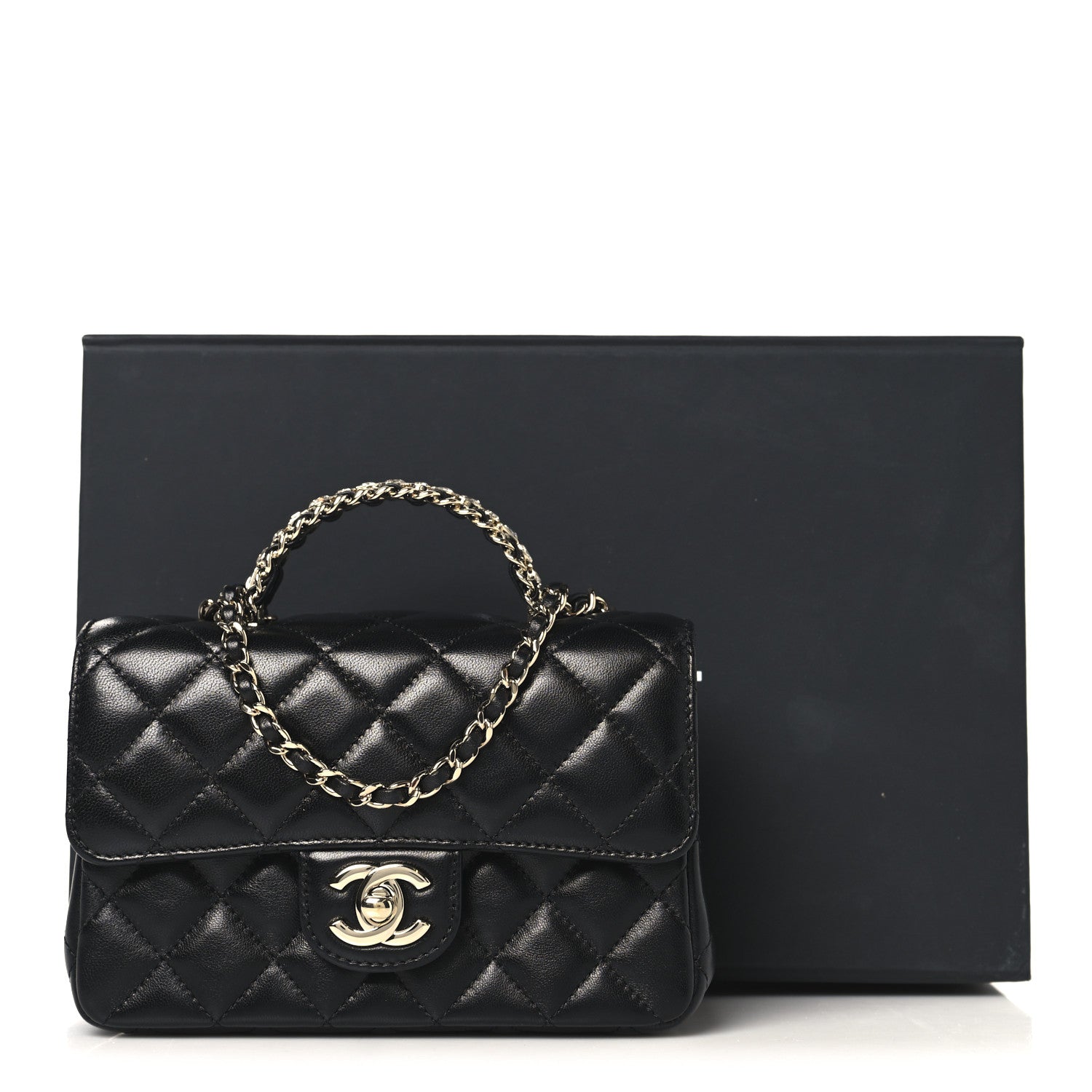 Chanel Lambskin Quilted Mini Crystal Top Handle Rectangular Flap Black