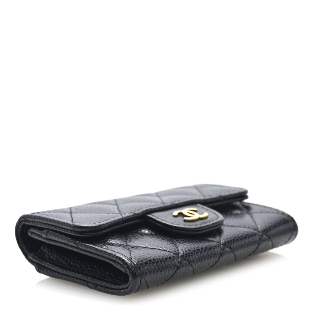 Caviar Quilted Flap Card Holder Wallet Black