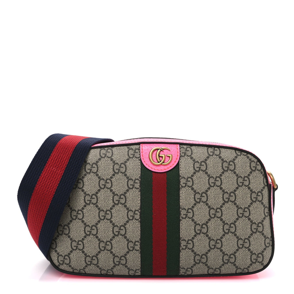 Gucci GG Supreme Monogram Textured Dollar Calfskin Web Ophidia Small Crossbody Bag Beige Ebony Fuchsia