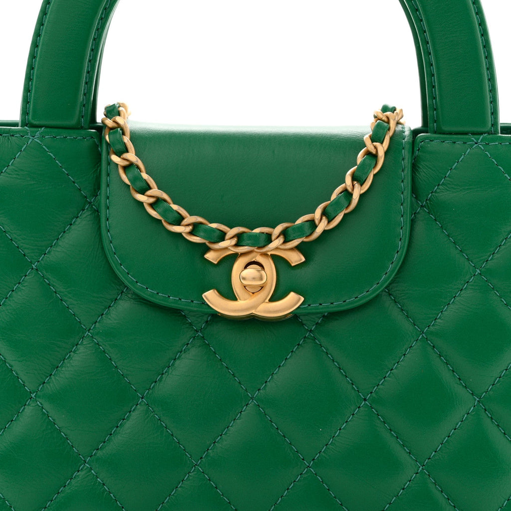 Chanel Shiny Aged Calfskin Quilted Nano Kelly Shopper Green
