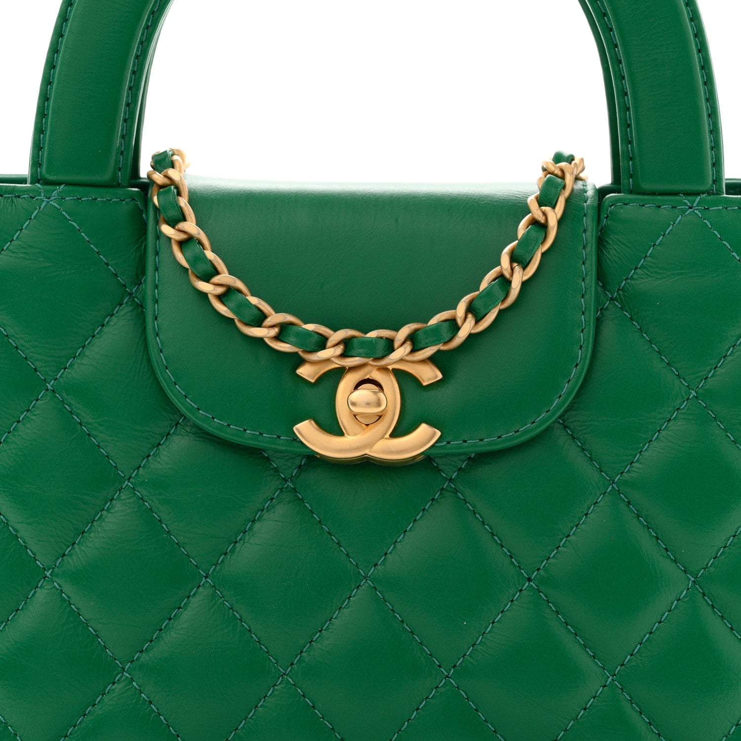 Chanel Shiny Aged Calfskin Quilted Nano Kelly Shopper Green