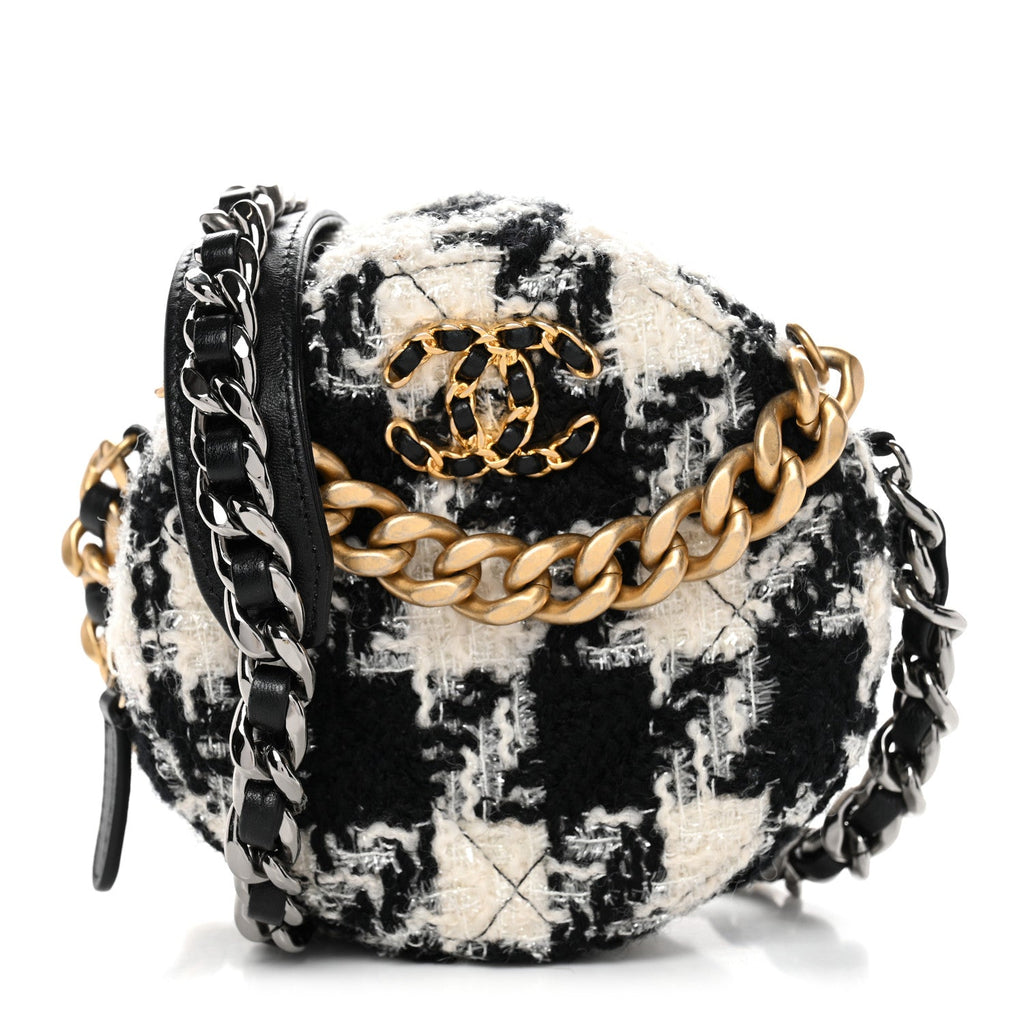 Chanel Wool Tweed Lambskin Quilted Chanel 19 Round Clutch With Chain and Coin Purse Black White