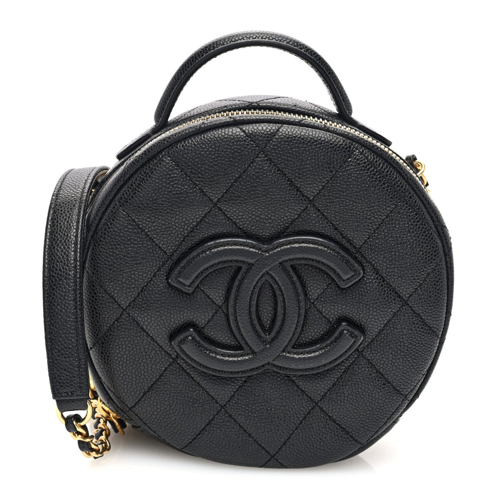 Chanel Caviar Quilted Small Round Vanity With Chain  Black
