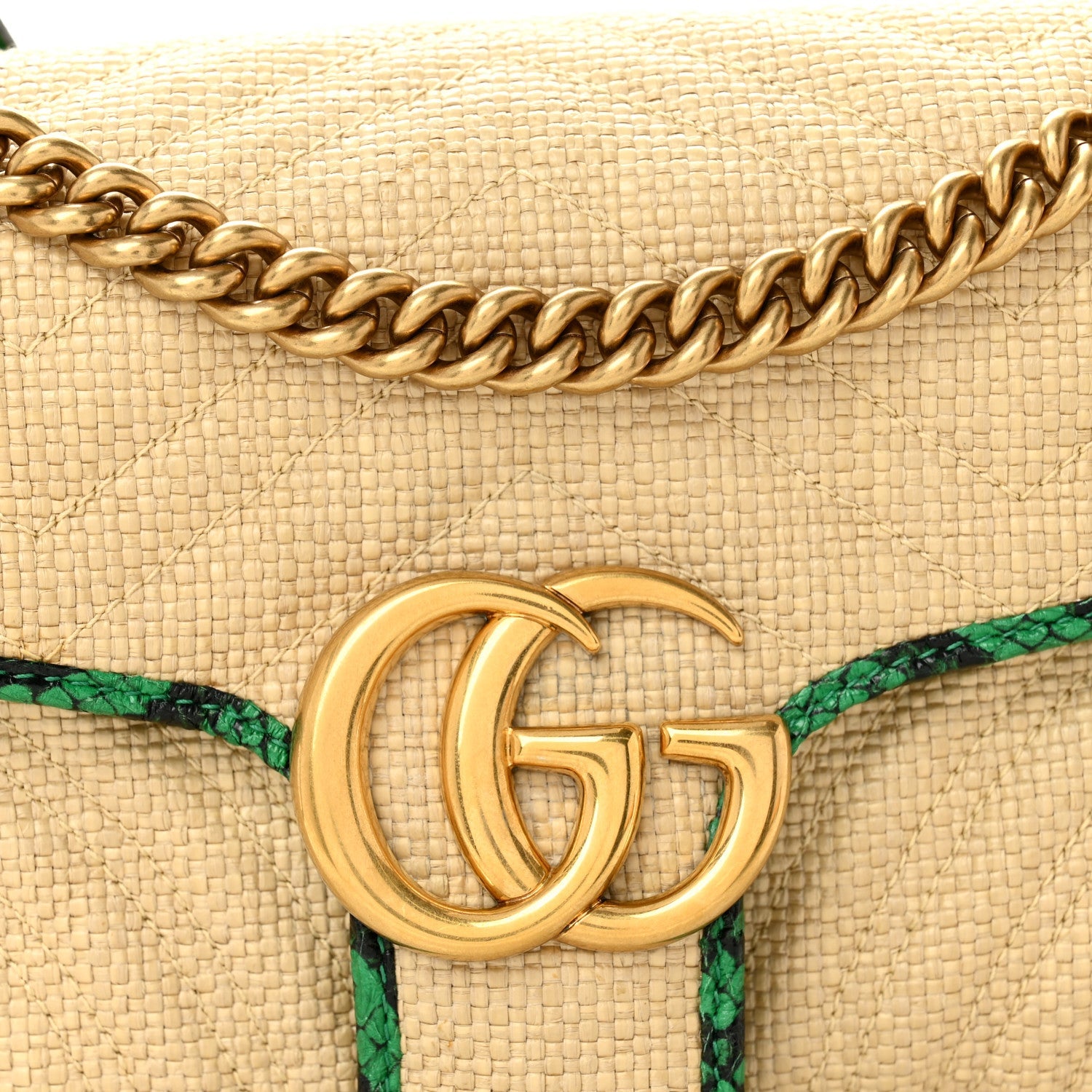 Gucci Raffia Elaphe Matelasse Small GG Marmont Shoulder Bag Natural New Shamarock