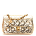 Metallic Calfskin Quilted Mini Flap Bag Charm With Hook Golden
