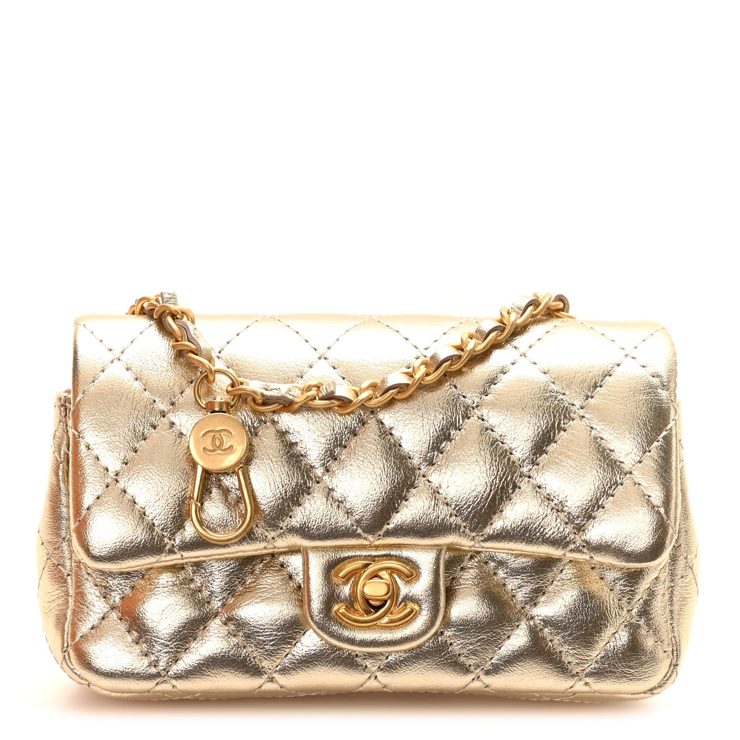 Metallic Calfskin Quilted Mini Flap Bag Charm With Hook Golden