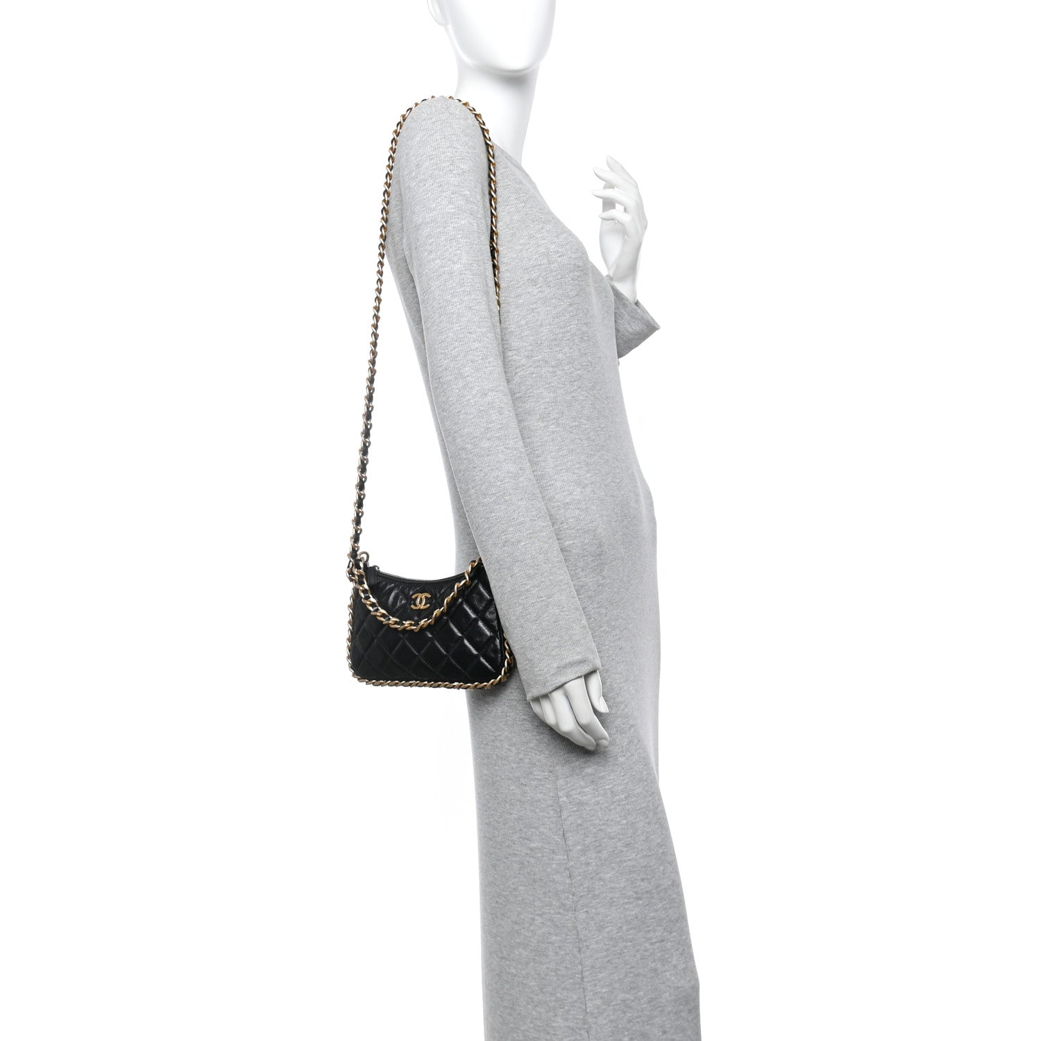 Chanel Lambskin Quilted Chain Around Top Handle Mini Bag Black