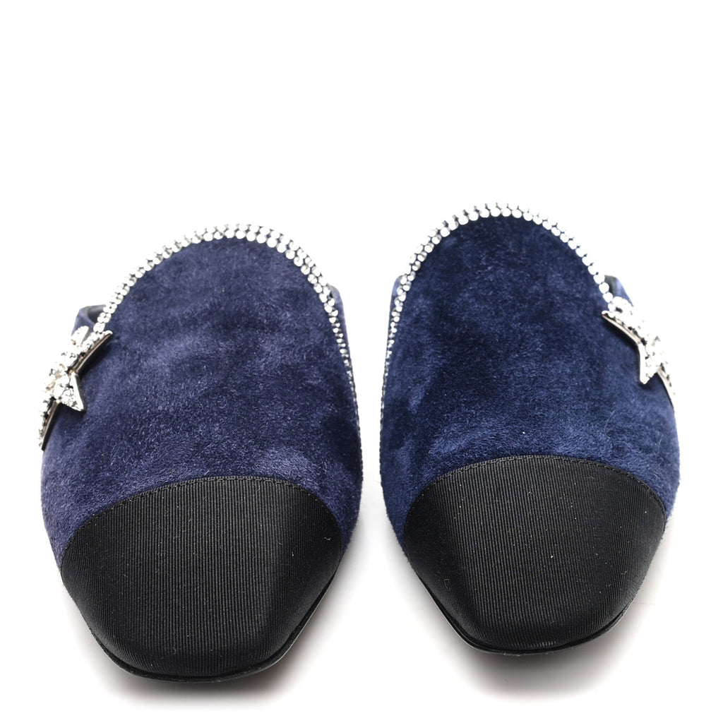 Chanel Suede Calfskin Grosgrain Crystal CC Star Mules  37.5 Blue Black