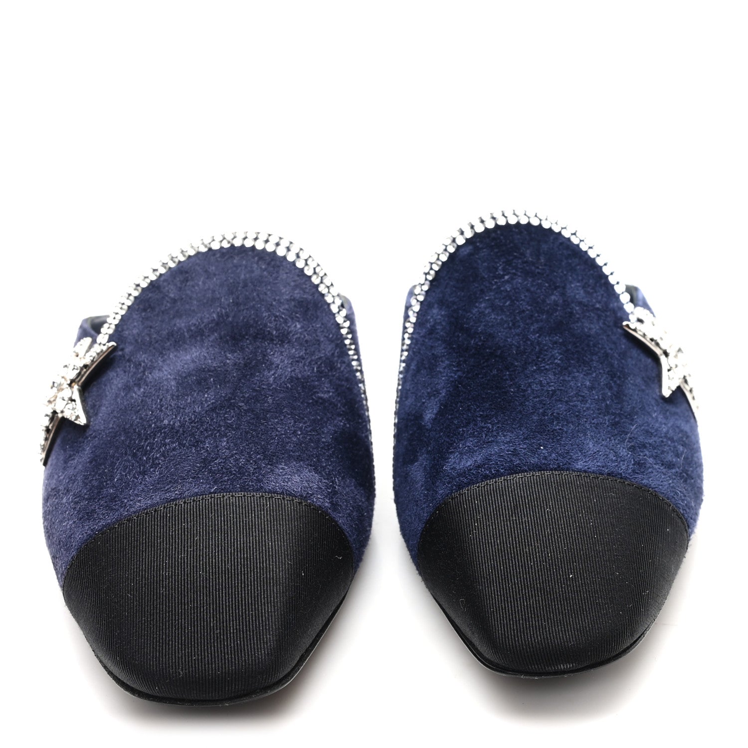 Chanel Suede Calfskin Grosgrain Crystal CC Star Mules  37.5 Blue Black